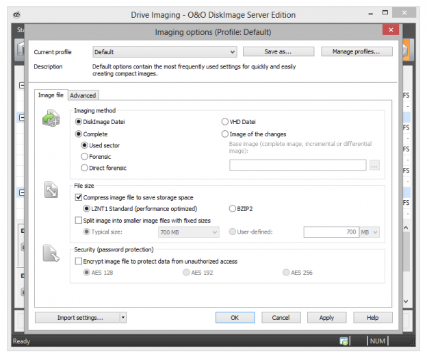 Settings for drive imaging O&O Software