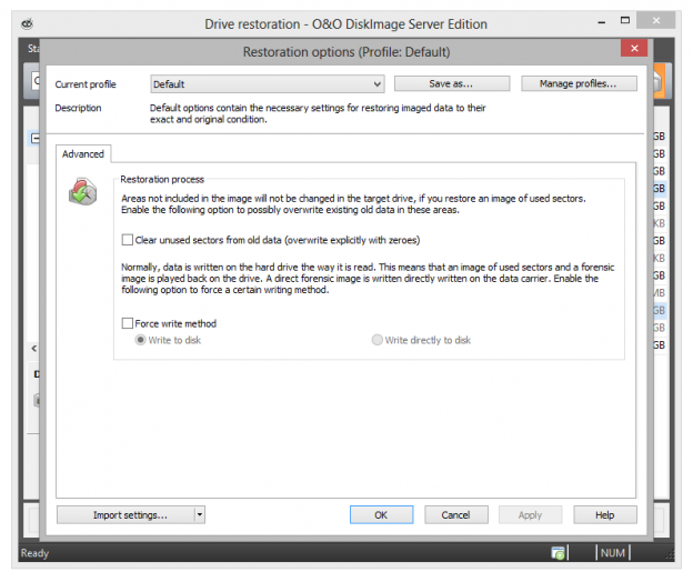 Settings for the restoration of drives O&O Software