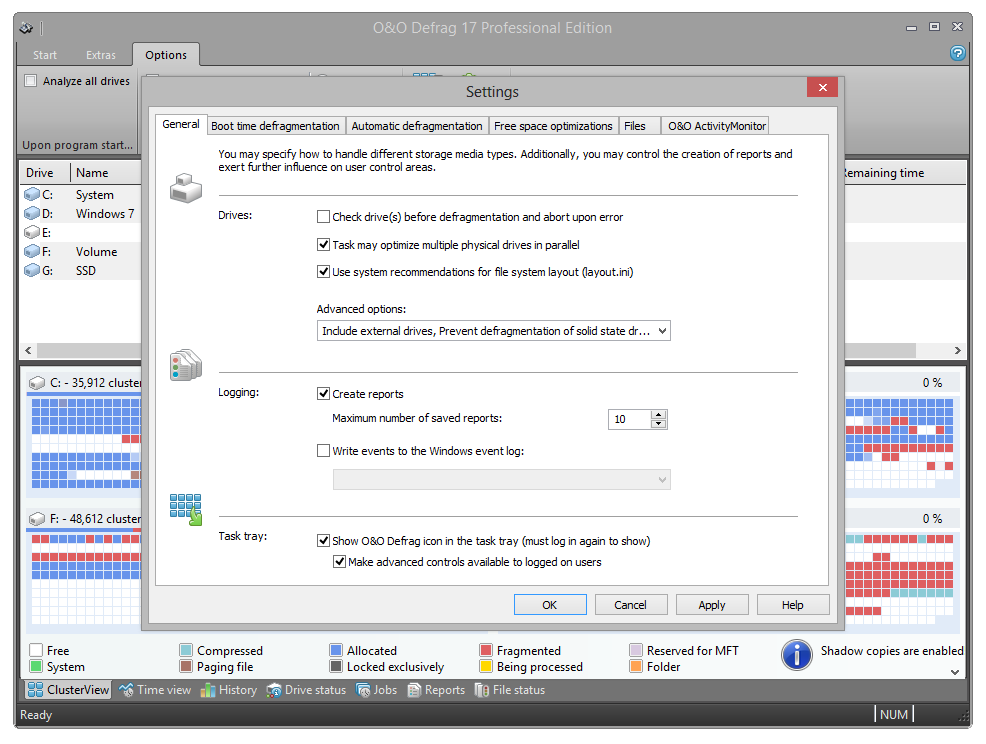 O&O Defrag: General settings