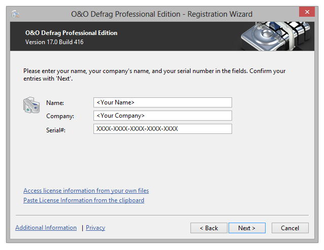 O&O Defrag Registration wizard: Enter the license key
