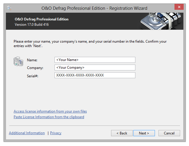 O&O Defrag Registration wizard: Enter the license key 