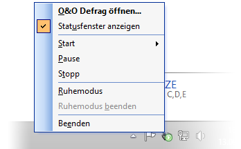 O&O Defrag tray Icon, Rechtsklick