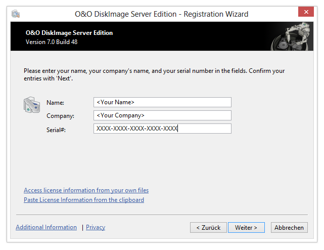 O&O DiskImage Registration wizard: Enter the license key