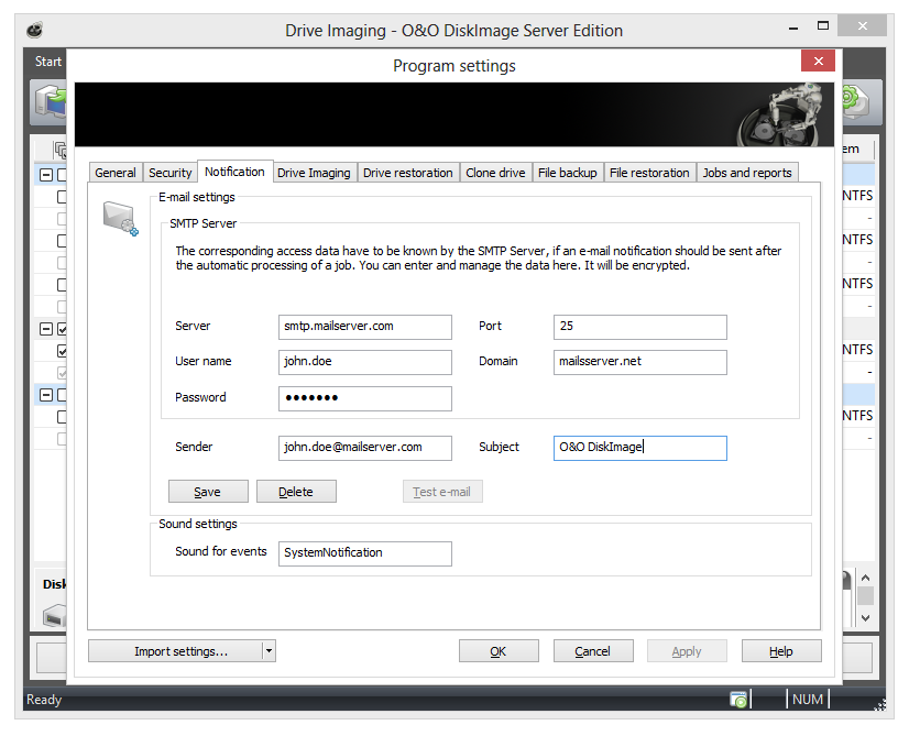 O&O DiskImage: SMTP settings for notification