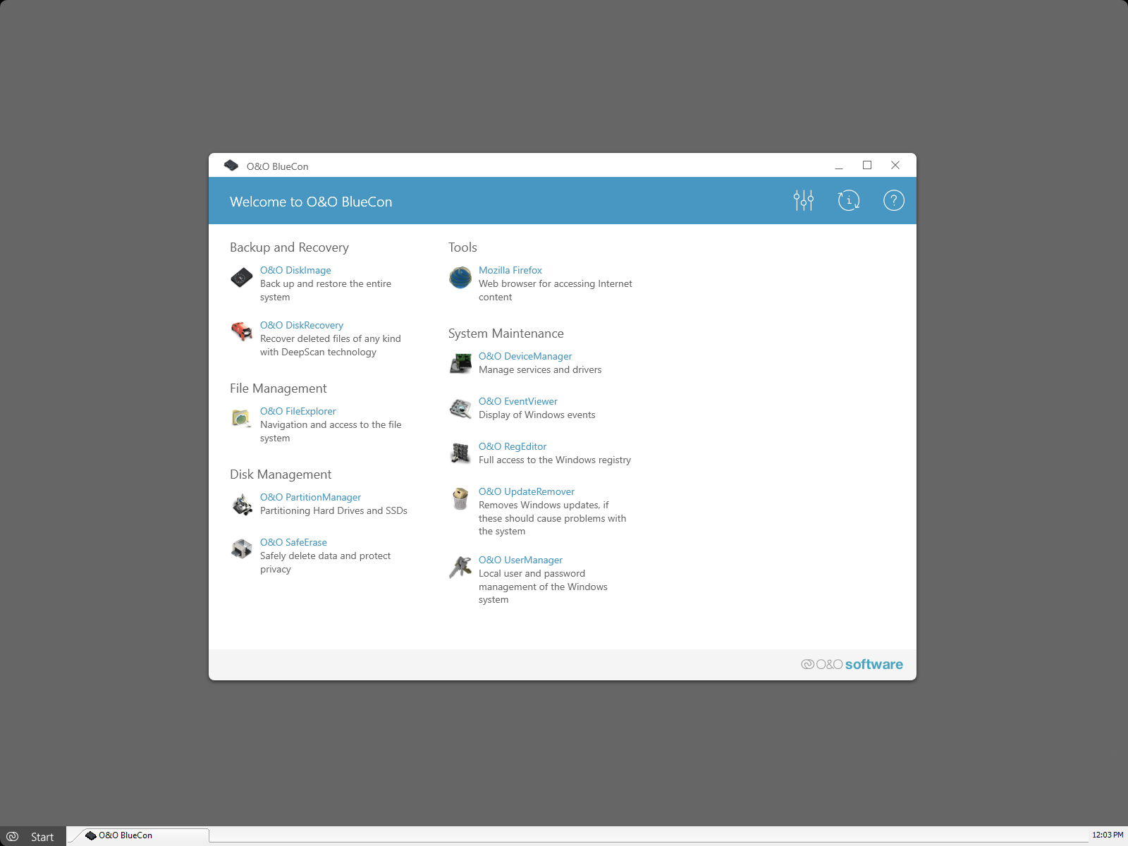 User interface of O&O BlueCon