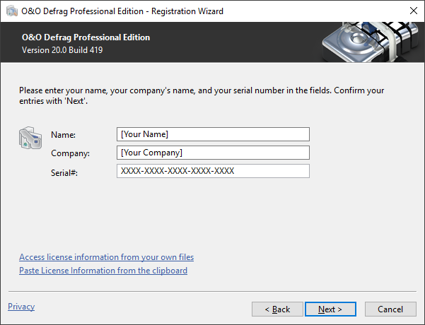 O&O Defrag Registration wizard: Enter the license key