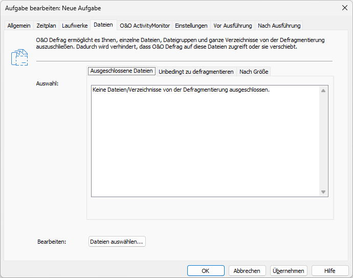 O&O Defrag Aufgabe: Dateien