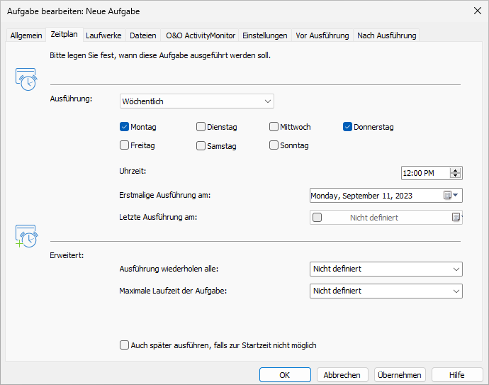 O&O Defrag Aufgabendialog: Zeitplan