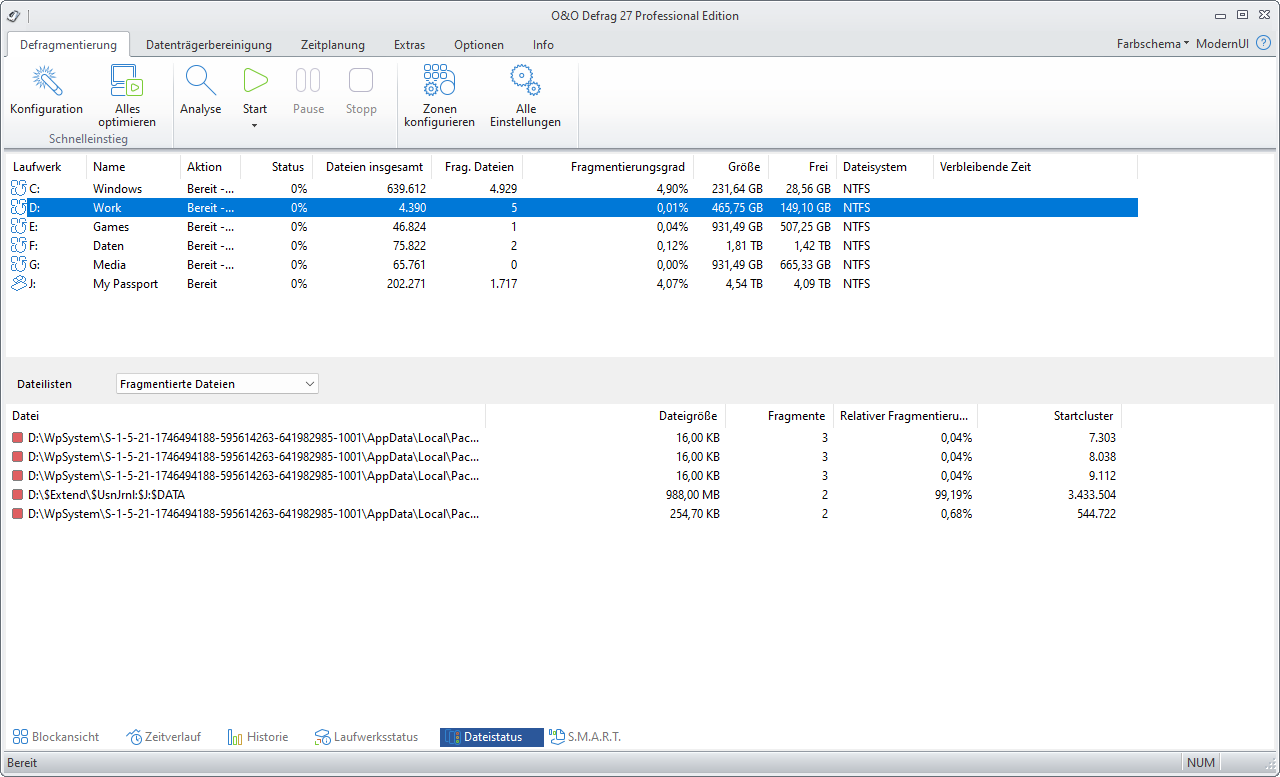 O&O Defrag: Dateistatus