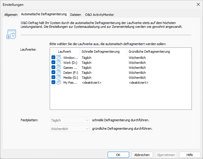 Einstellungen zur automatischen Defragmentierung