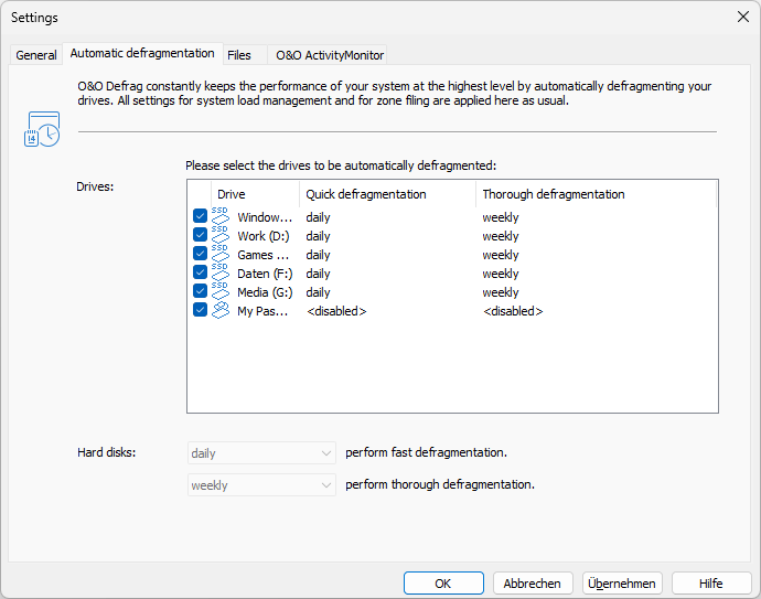 Settings for the automatic defragmentation