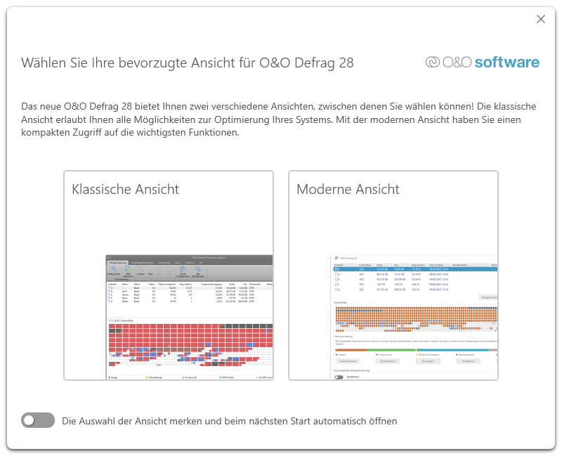 Wählen Sie Ihre bevorzugte Ansicht für O&O Defrag