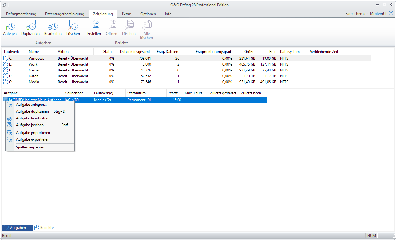 O&O Defrag: Aufgabe bearbeiten