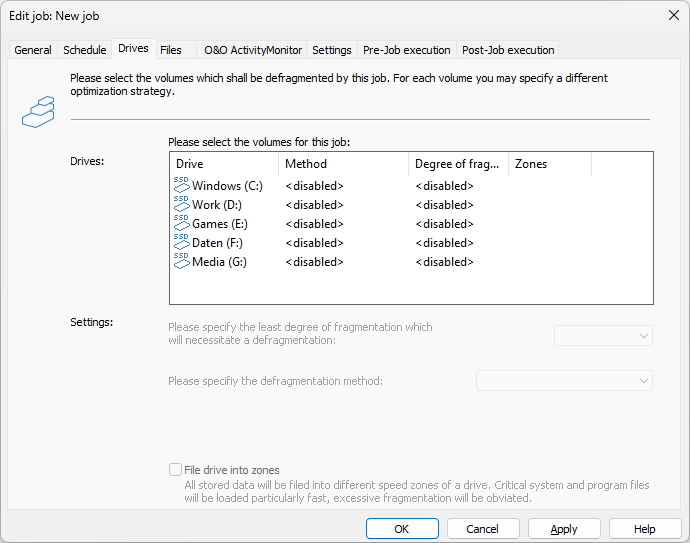 Job dialogue: Selection of drives and methods