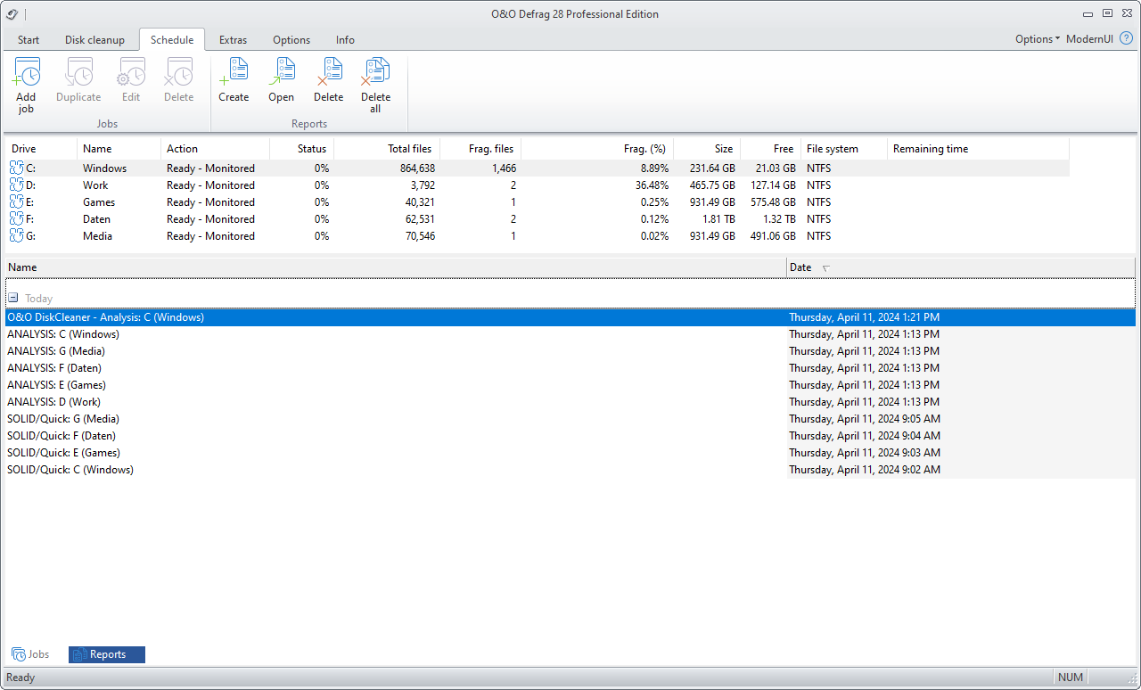 O&O Defrag: Report view