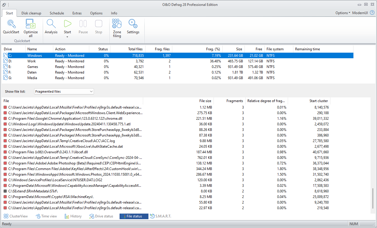 O&O Defrag: File status