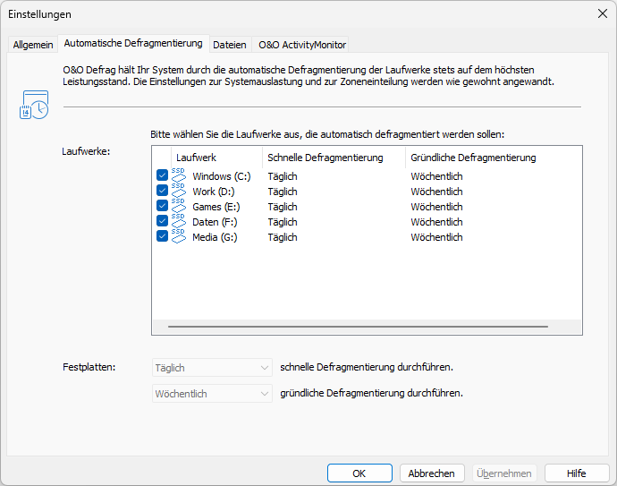 Einstellungen zur automatischen Defragmentierung