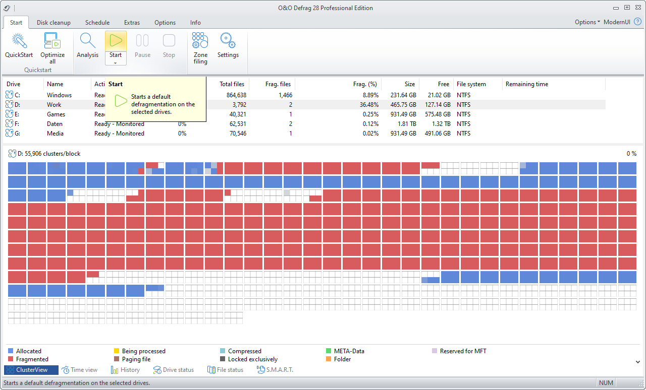 Start defragmentation