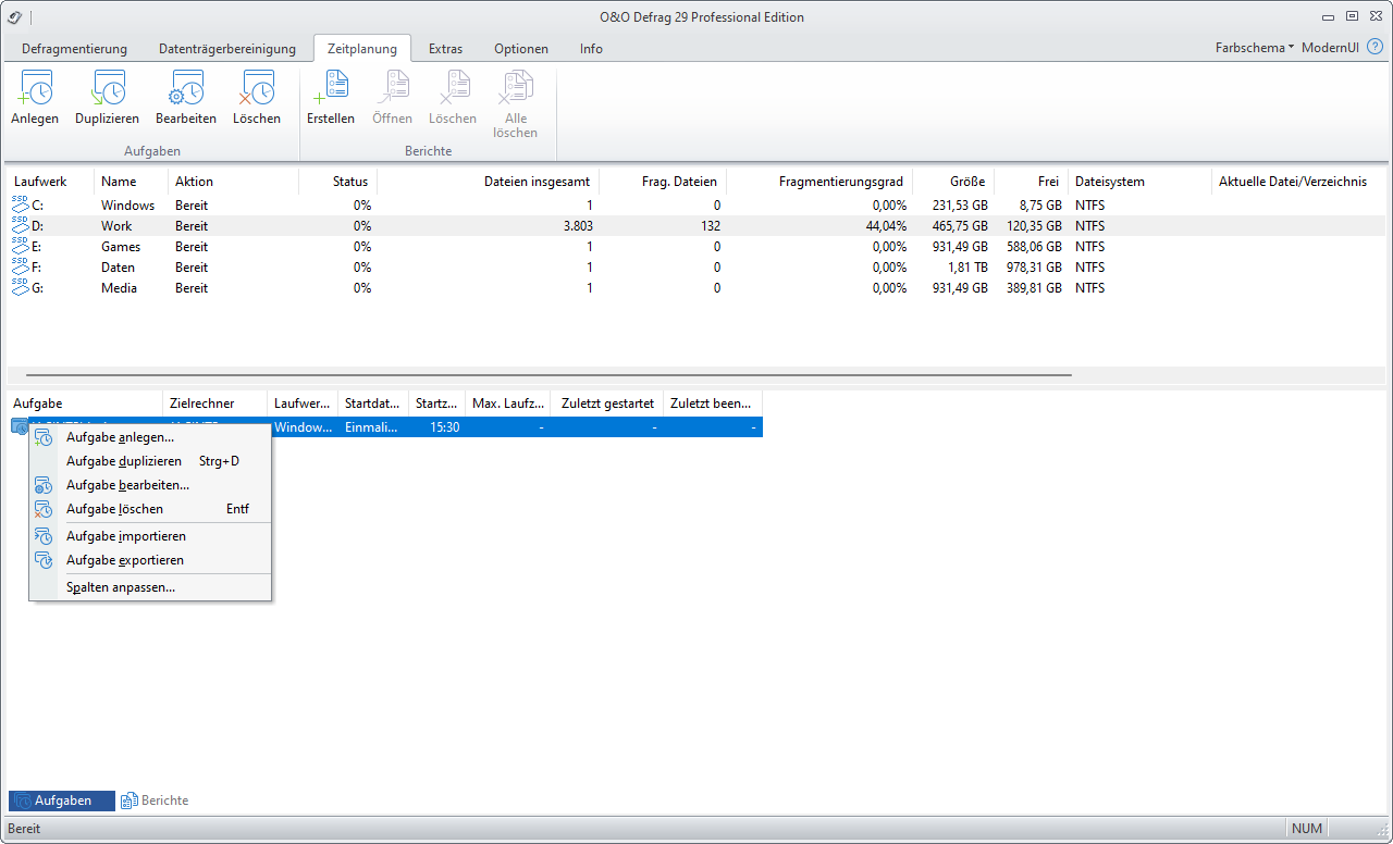 O&O Defrag: Aufgabe bearbeiten