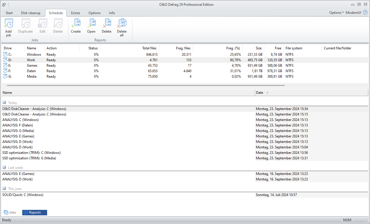 O&O Defrag: Report view