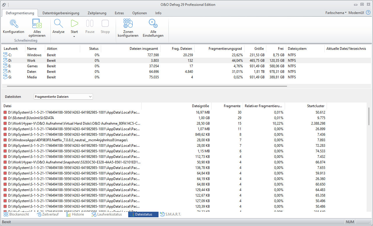 O&O Defrag: Dateistatus