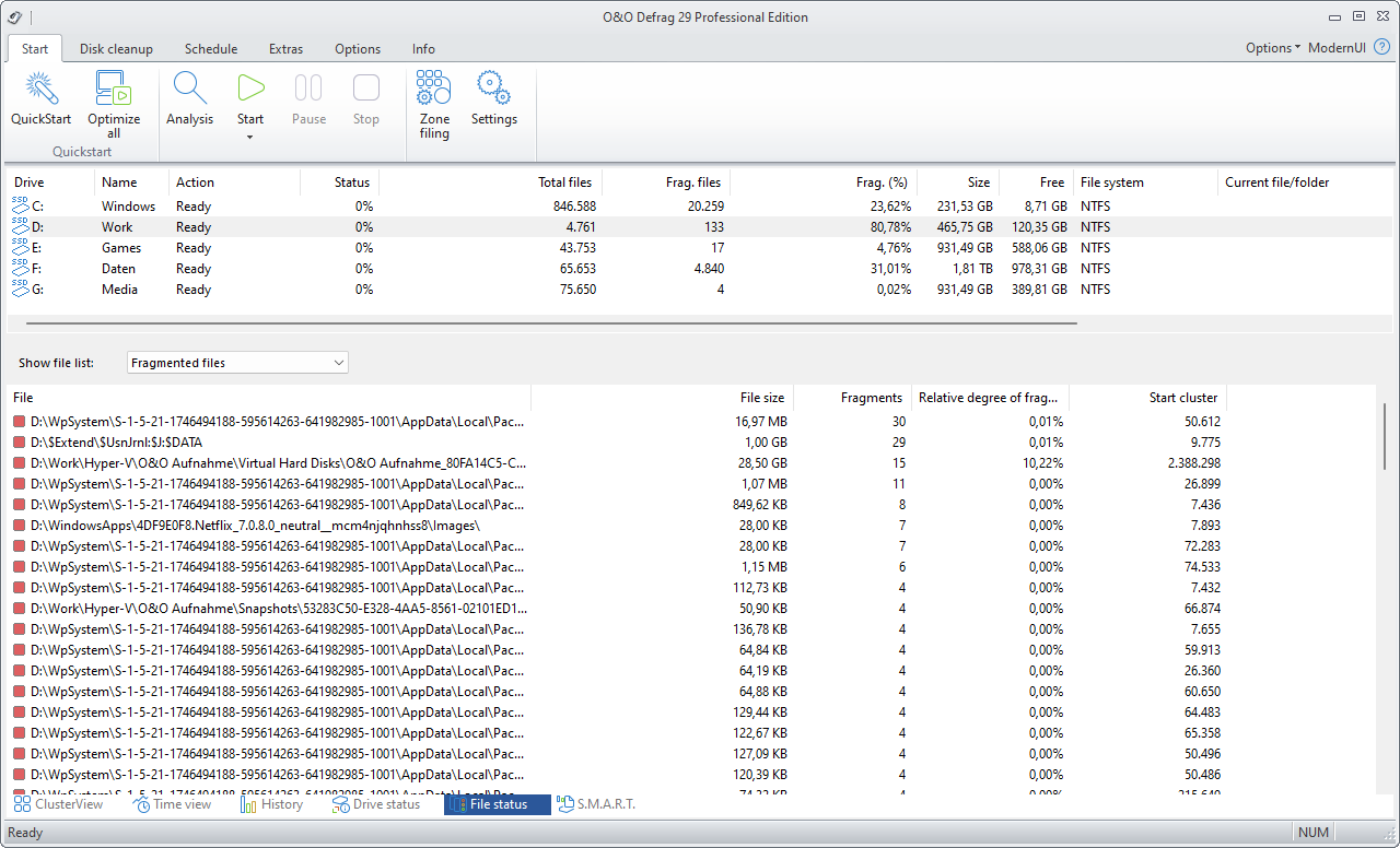 O&O Defrag: File status