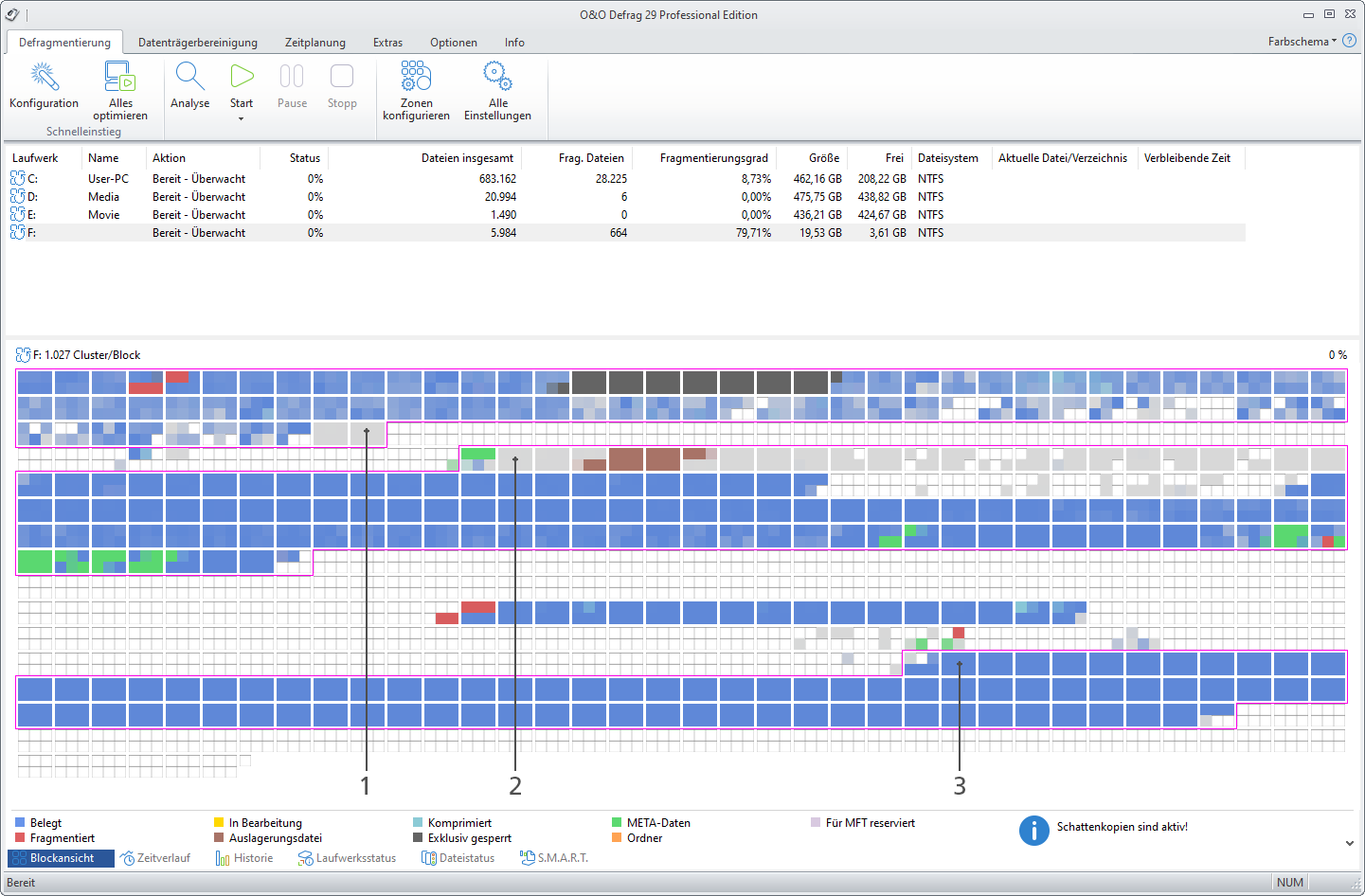 O&O Defrag: Blockansicht mit Zoneneinteilung