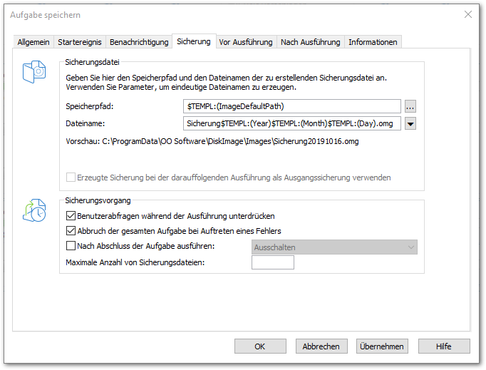 Einstellungen für eine Aufgabe: Sicherung