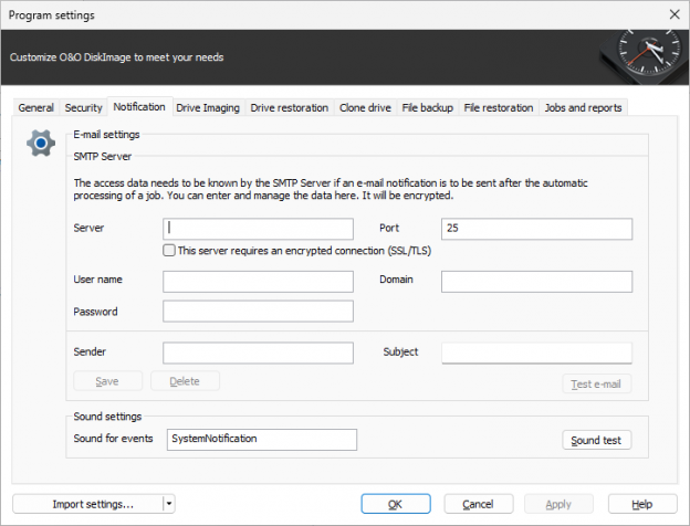 Settings for notification O&O Software