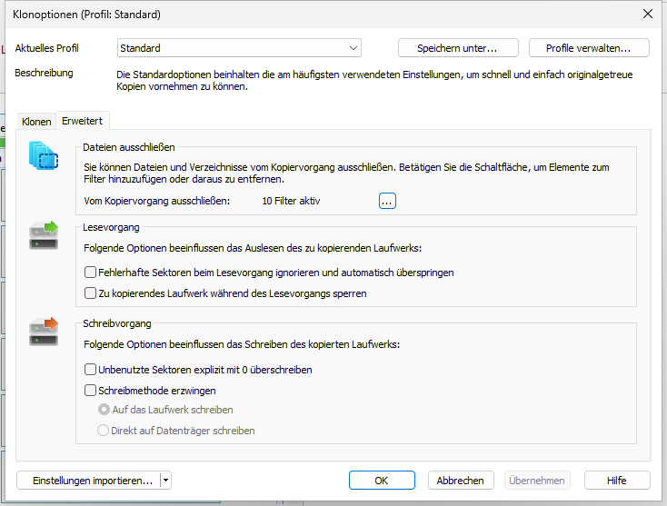 Erweiterte Kopieroptionen