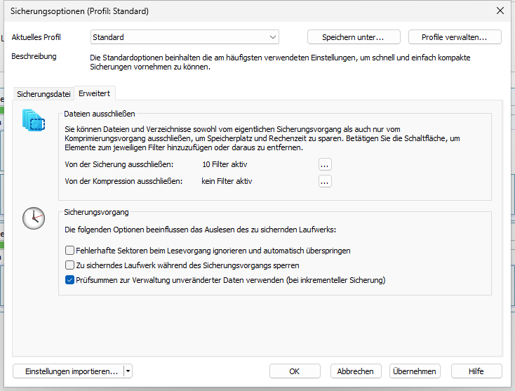 Dateien von der Sicherung ausschließen