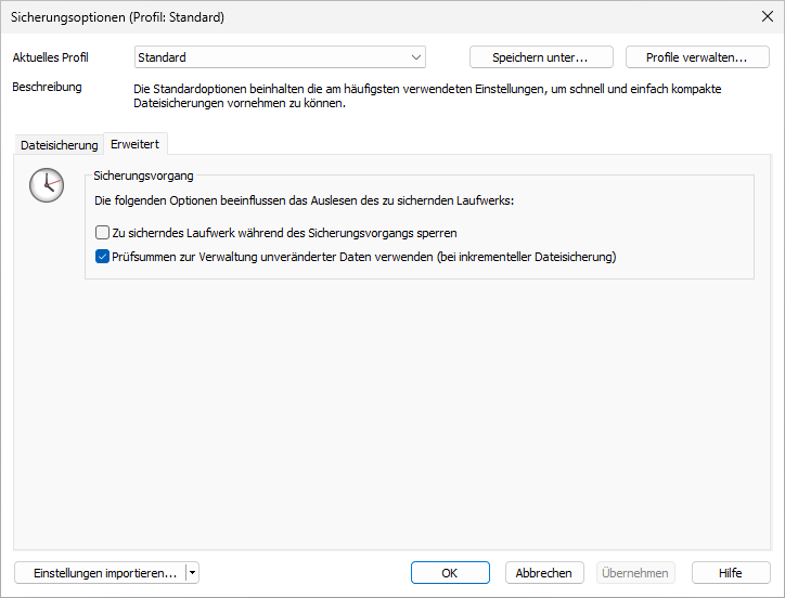 Erweiterte Einstellungen Dateisicherung