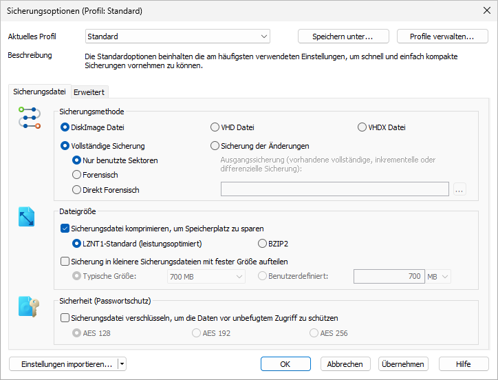 Optionen für die Laufwerksicherung