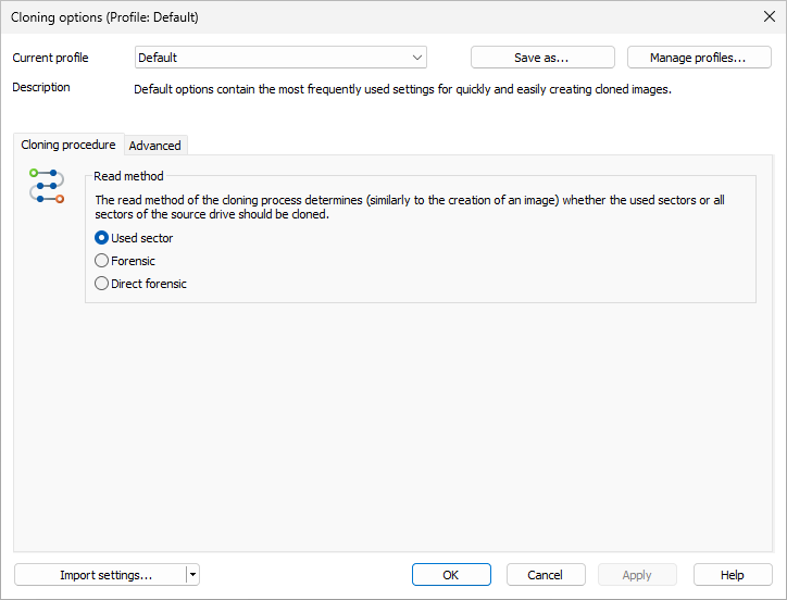 Settings for cloning drives