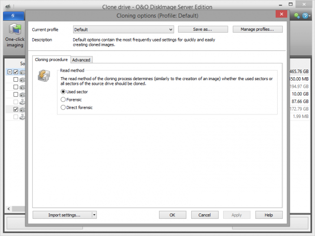 Settings for Cloning drives O&O Software