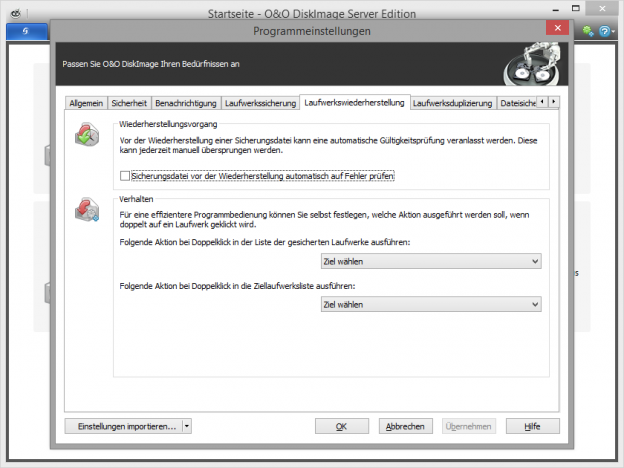 Einstellungen für die Wiederherstellung O&O Software