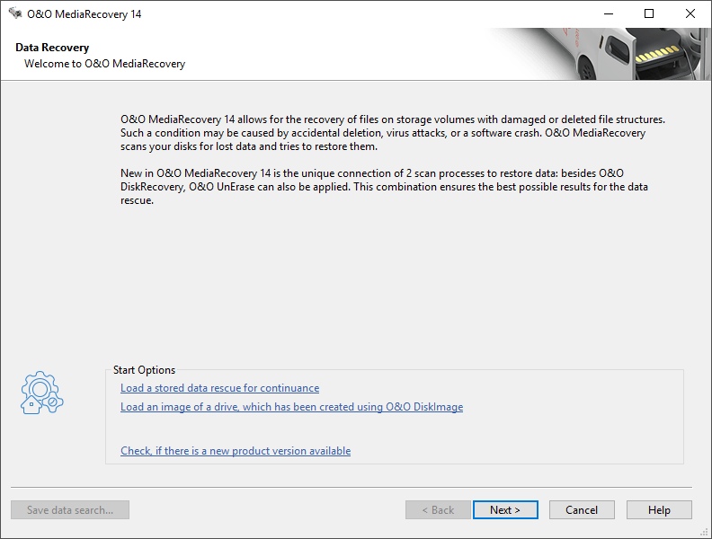 Start up dialogue box of O&O MediaRecovery