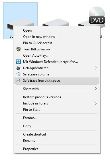 SafeErase a hard disks/partitions via right-clicking