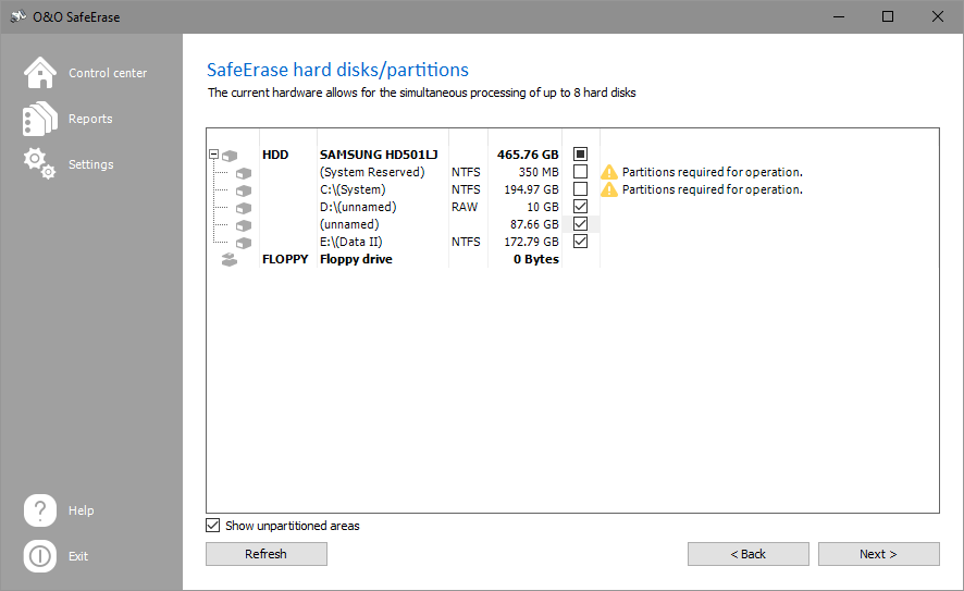 SafeErase individual partitions and hard disks