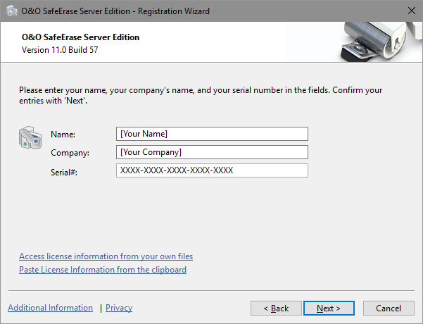 Registration wizard: Enter the license key