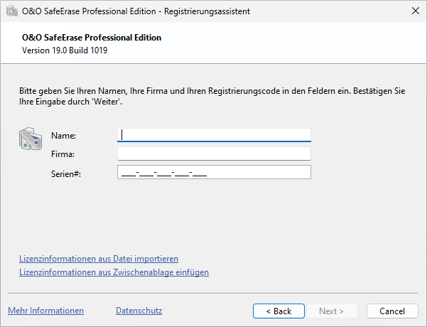 Registrierungsassistent: Lizenz eingeben