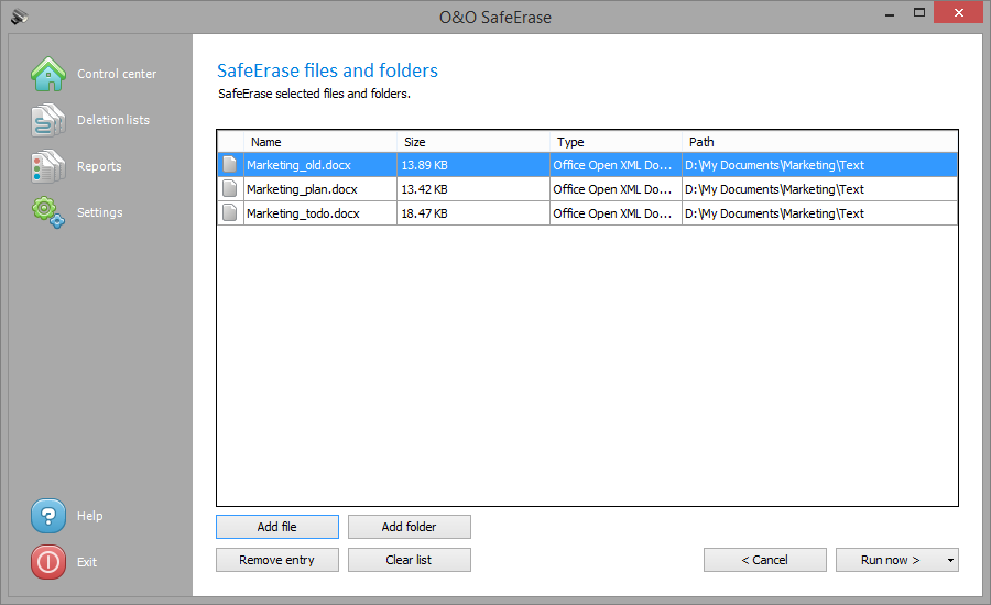 Select files and folders for permanent deletion