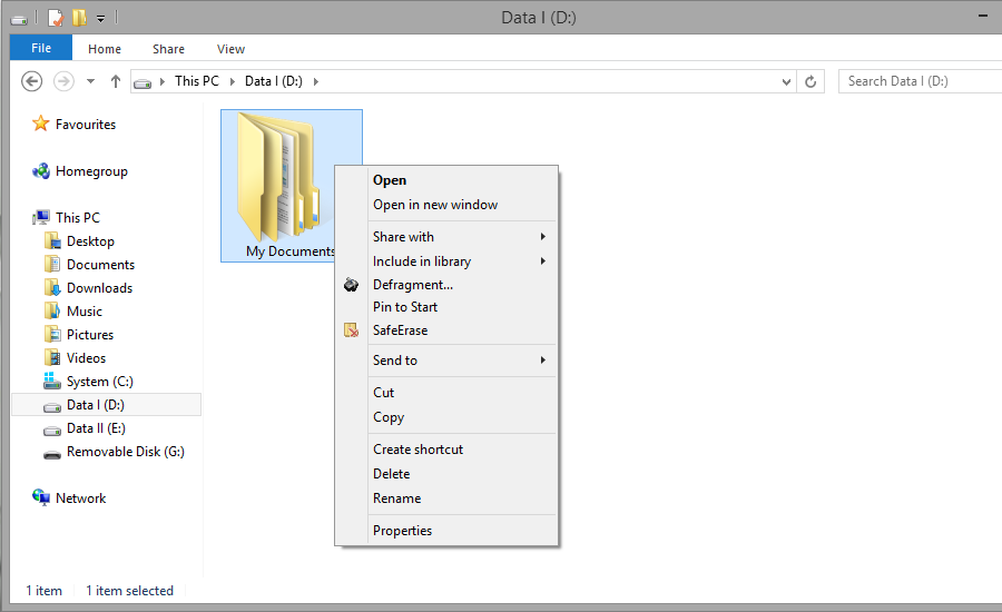 Context Menu (via right-clicking) to SafeErase files and folders