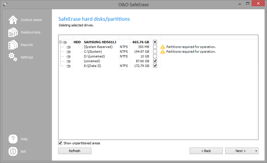 SafeErase individual partitions and hard disks