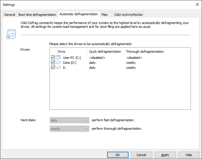 Settings for the automatic defragmentation